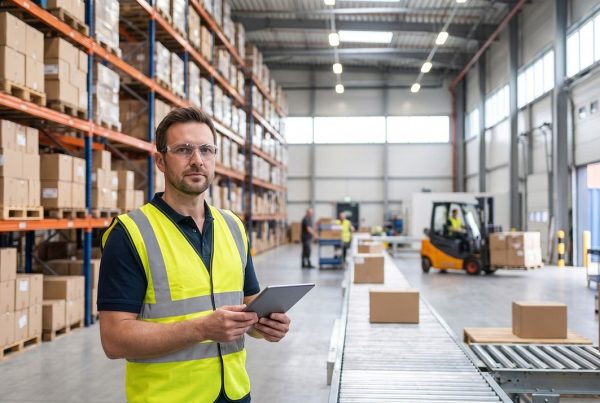 Mitarbeiter mit Tablet in einem Fulfillmentlager mit Förderband: Fulfillmentkosten vergleichen